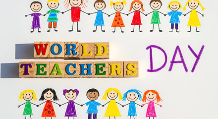 Colorful illustration celebrating World Teachers Day, featuring children holding hands and text.