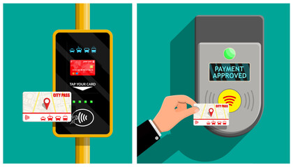 Hand tapping city pass for transport payment. Public transportation ticket contactless reader. Flat style vector journey.