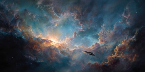 Obraz premium Vast, colorful nebulae with a dark ship; cosmic clouds and light