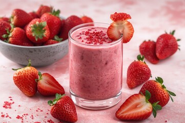 Refreshing red strawberry smoothie served in a glass on a wooden surface, showcasing a healthy breakfast option with fresh fruit