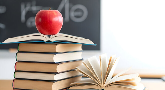 Stack of books with an apple on top, open book in foreground, chalkboard in the background.