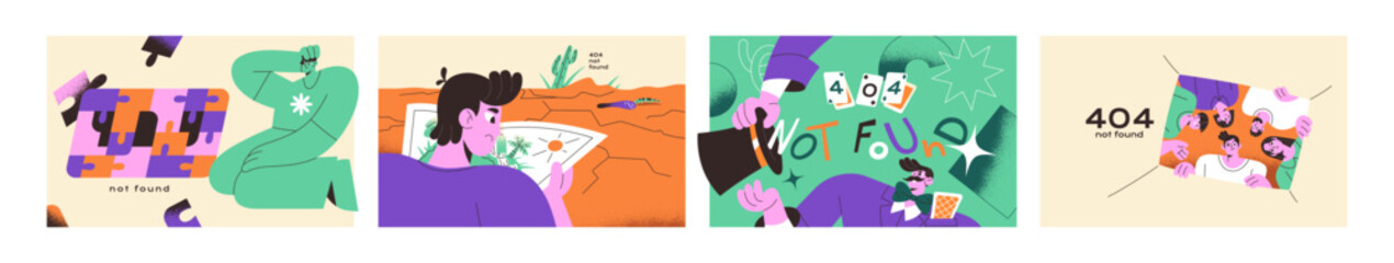 Designs of error 404 set. Templates of website pages with mistakes. Layouts of not founded webpages. Problems with internet connection. Unavailable, broken web address. Flat vector illustrations