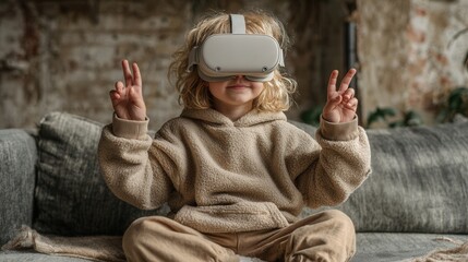 Child using digital tablet on grey couch in modern interior