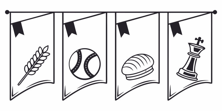Four Banners with Icons: Wheat, Tennis Ball, Bread, Chess King