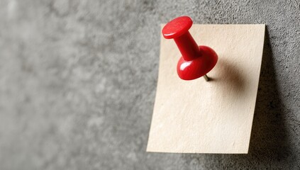 A red pushpin in a piece of paper on a textured wall