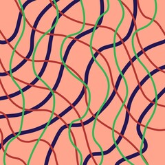 Colorful abstract wavy line pattern on pastel orange background, modern seamless design with green, red, and blue curved stripes, ideal for textile, wallpaper, and digital a