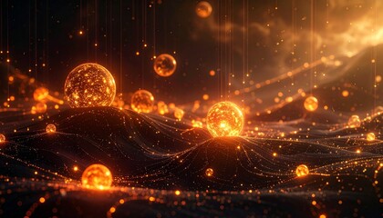 Fototapeta premium Glowing golden orbs floating above reflective surface with warm bokeh lights