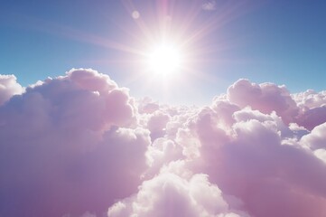 Abstract fantasy scenery with a radiant rainbow and voluminous pastel clouds in pink and purple hues, close-up view of fluffy cotton-like textures under a glowing sky