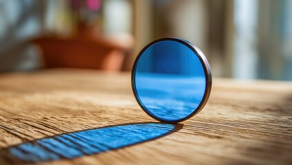 Circular blue filter on a wooden table