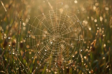 Naklejka premium Close-up of dew-covered spider web and foliage with sunlight on a golden backdrop