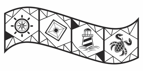 Nautical Symbols Wave Design with Compass, Lighthouse, and Turtle