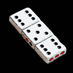 Unique arrangement of white dominoes with red dots on a black background during a casual game evening