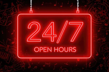 Vector illustration of a glowing neon sign indicating 24/7 operating hours for a bar, shop, or club.