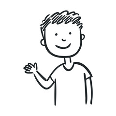 Happy boy waving hello in playful doodle style. Vector line illustration