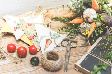 Rustic Harvest Still Life with Fresh Vegetables and Herbs