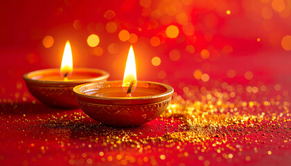 Lit Diwali candles, soft warm glow, gold glitter on vibrant red background. Festive ambiance