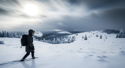 Winter hiker with backpack enjoying a snowy mountain landscape, breathtaking view, snowshoes, cold weather adventure.