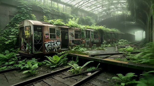 Apocalypse disaster ruin scene. Aerial view of abandoned train car covered in graffiti and ferns in an urban setting, possibly a train station or train yard.