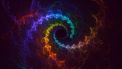 Colorful fractal spiral with glowing rainbow energy on dark background