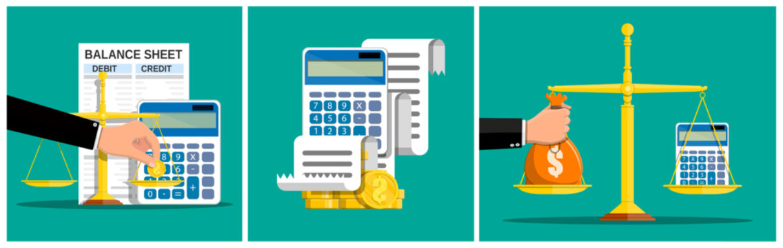 Man analyzing balance sheet, weighing money, calculating finances. Budget planning, financial accounting, tax concept.