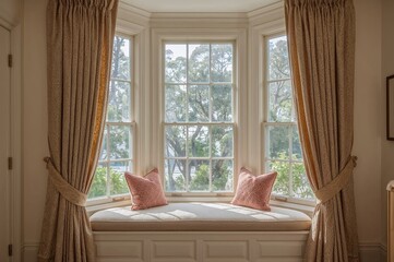 Obraz premium Decorative stained glass windows and cushioned window bench surrounded by flowing curtains create an ideal cozy reading corner in a classic heritage-style residence.