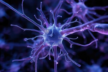 3D visualization of myelinated axons, oligodendrocytes creating myelin sheaths, fibrous astrocytes (dark blue), and microglia (violet) within central nervous system white matter