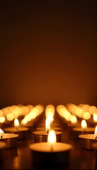 Tea light candles cast warm a glow in front of dark golden background