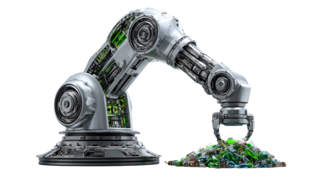 Robotic Arm Sorting Glass: A technologically advanced robotic arm meticulously sorts and collects a pile of discarded glass bottles in a modern recycling process.