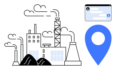 Factory emitting smoke with chimneys, clouds, location marker, and digital card interface. Ideal for manufacturing, technology, pollution, location, logistics industry simple landing page