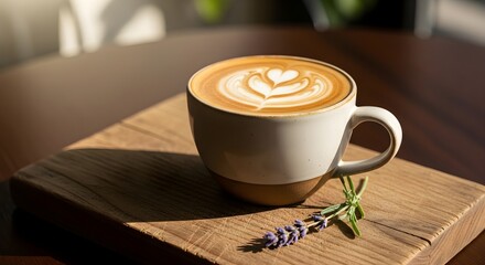 Artisan Latte Coffee with Lavender Garnish on Rustic Wood, Perfect for Cafe Menu or Coffee Shop Branding