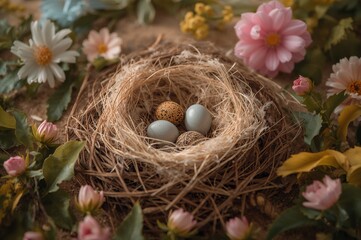 Obraz premium Materials for Nesting That Include Quail Eggs