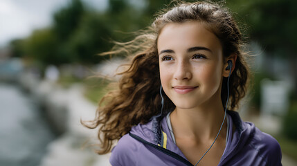 Fototapeta premium Smiling Teen Girl with Brown Curly Hair Wearing Earbuds Outdoors