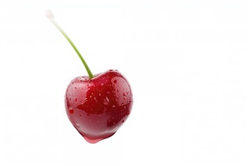 Cherry falling against a white backdrop with complete focus