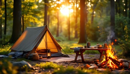 늦여름숲속캠핑텐트일몰풍경