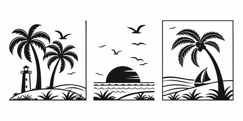 Tropical beach scene with palm trees, lighthouse, and sailboat