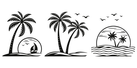 Tropical Beach Scene with Palm Trees and Sailboat
