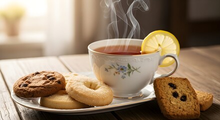 Steaming cup of hot lemon tea served with a variety of delicious cookies and biscuits on a rustic wooden table, perfect for a cozy break.