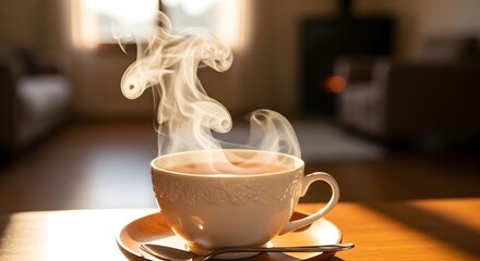 Steaming cup of tea on a table with living room background, perfect for relaxation and morning rituals.