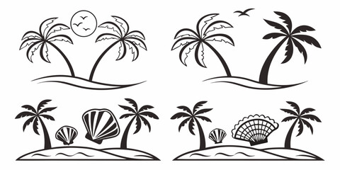 Tropical Island Palm Trees and Seashells Vector Graphics