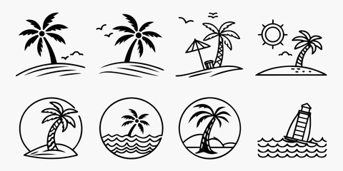 Tropical Palm Tree Beach Island Icons Collection