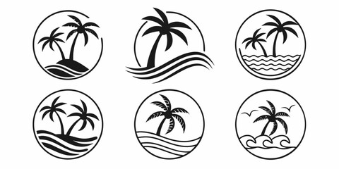 Tropical Palm Tree Beach Scene Icons Collection