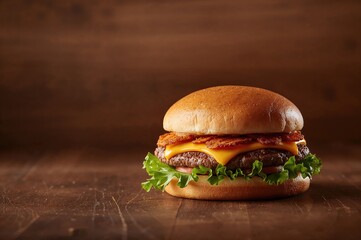 Quick-service eatery or menu layout showcasing a burger against a wooden background