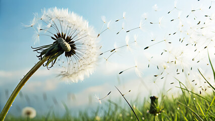 Close up view of dandelion puff ball scattering delicate seeds through air in natural wind dispersal process