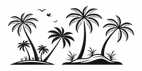Fototapeta premium Tropical Palm Trees Silhouette with Flying Birds