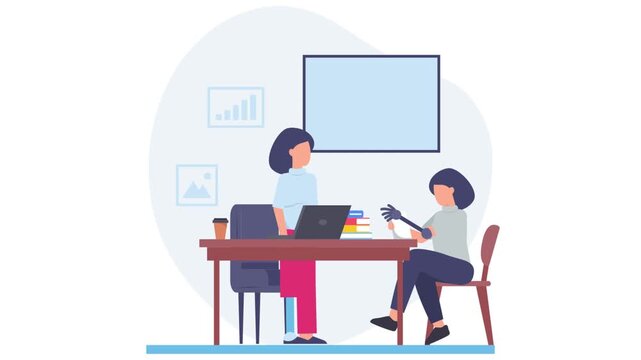 Two women with prosthetic limbs discussing strategies for company growth animation, Teamwork and Information Sharing animated video, employment rehabilitation clip, people with disabilities footage