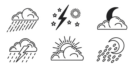 Weather Icons Collection: Rain, Sun, Moon, Lightning, Stars