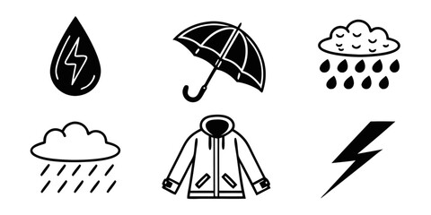 Weather Icons: Rain, Umbrella, Lightning, and Jacket