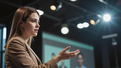 Professional Female Speaker Gesturing During Business Presentation - Corporate Seminar With Elegant Lighting and Bokeh Background for Leadership Training, Corporate Events, and Professional Developmen