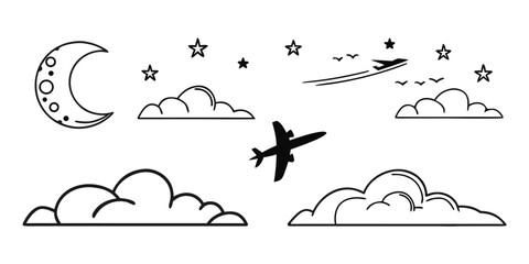 Whimsical Night Sky Elements: Moon, Stars, Clouds, and Airplanes