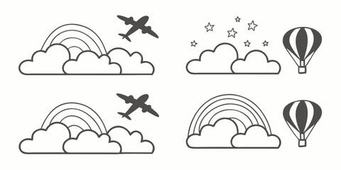 Whimsical Sky Elements: Rainbows, Clouds, Airplanes, Balloons, and Stars